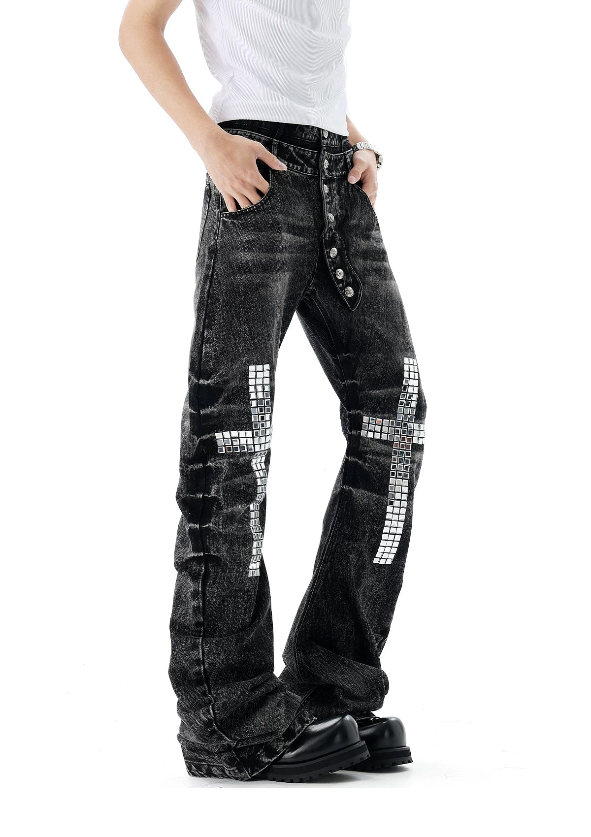 'CrossDazzle' Vintage Cross Rhinestone Long Jeans