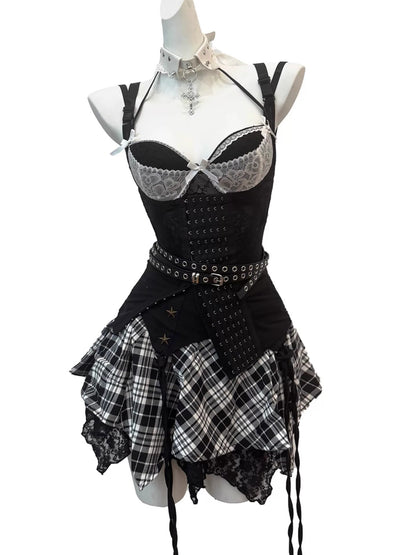 'Shadow Doll' Y2K Lace Cross Corset + Plaid Skirt Set AlielNosirrah