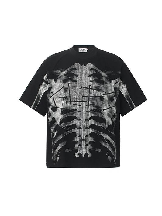 'BoneEcho' Gothic Skeleton Print Short Sleeve T-Shirt