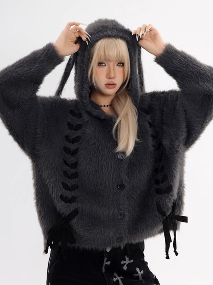 'Moon Bunny' Faux Fur Rabbit Ear Hoodie Cardigan AlielNosirrah