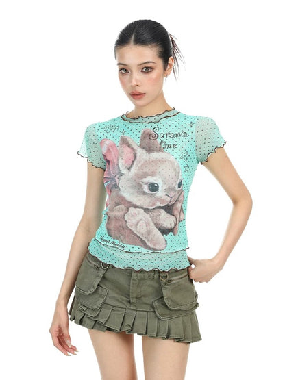 'Bunny Dream' Sweet Polka Dot Bunny Mesh Short Sleeve Top (Copy) AlielNosirrah