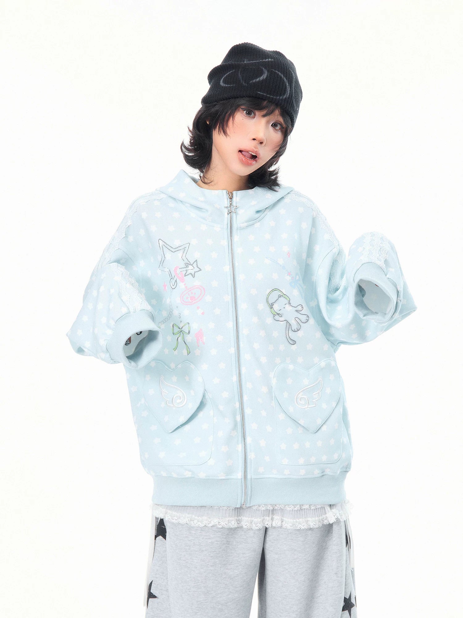 'Kitty Star' Allover Cat Star Pattern Hoodie AlielNosirrah