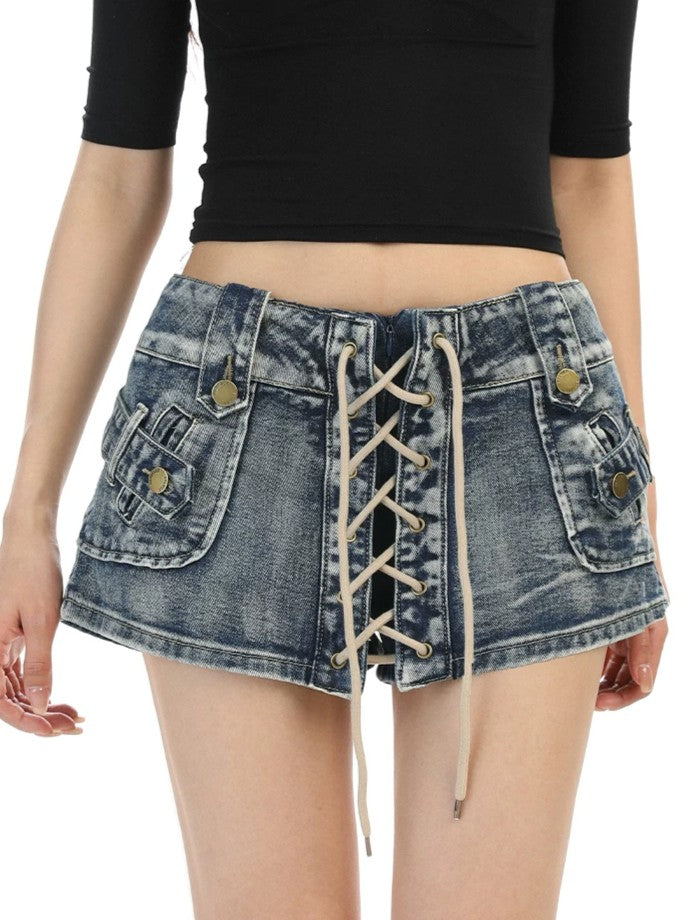 'Street Rogue' Vintage Heavy-Duty Lace-Up Denim Shorts AlielNosirrah