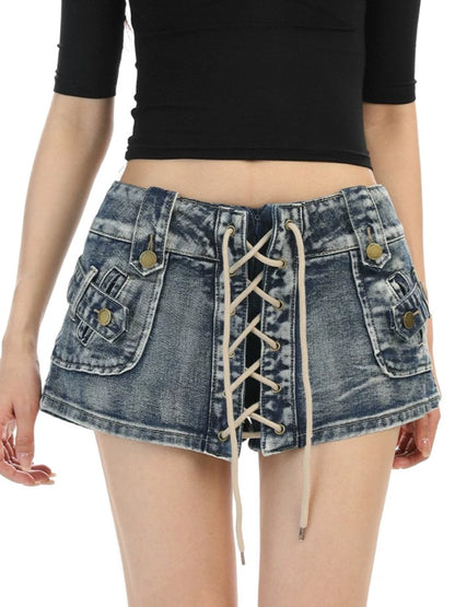 'Street Rogue' Vintage Heavy-Duty Lace-Up Denim Shorts AlielNosirrah