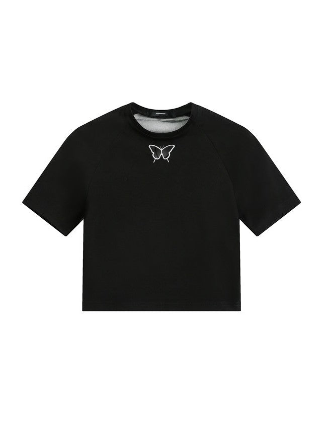 'Summer Butterfly' Backless Butterfly Shoulder Slim Crop T-Shirt AlielNosirrah