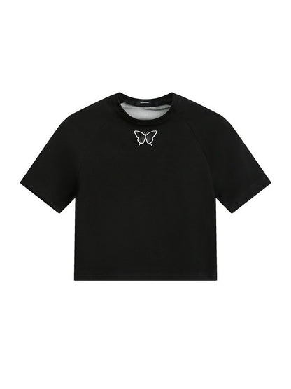 'Summer Butterfly' Backless Butterfly Shoulder Slim Crop T-Shirt AlielNosirrah