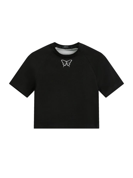 'Summer Butterfly' Backless Butterfly Shoulder Slim Crop T-Shirt AlielNosirrah