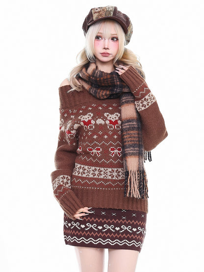 'Winter Wishes‘ Off-Shoulder Fair Isle Christmas Knit Sweater AlielNosirrah