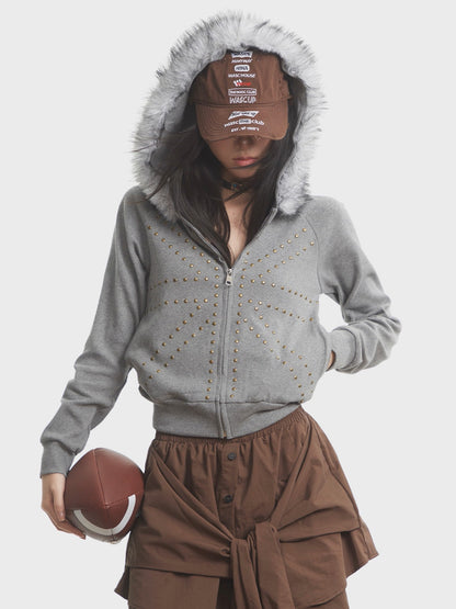 'Urban Stud' Fur Collar Studded Detailing Fleece Hoodie (Copy) AlielNosirrah