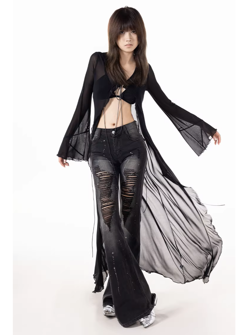 'Mistline' Tie-Up Sheer Mesh Longline Cardigan AlielNosirrah