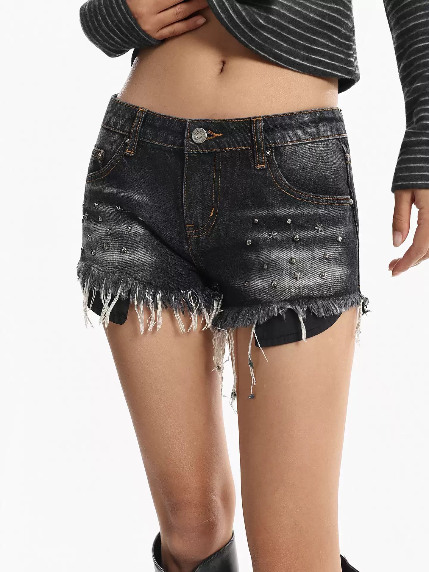 'Street Outlaw' Vintage Studded Raw Hem Denim Shorts AlielNosirrah