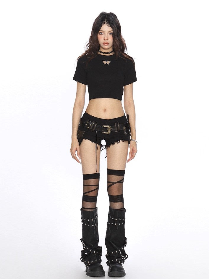 'Summer Butterfly' Backless Butterfly Shoulder Slim Crop T-Shirt AlielNosirrah