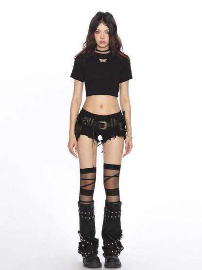 'Summer Butterfly' Backless Butterfly Shoulder Slim Crop T-Shirt AlielNosirrah