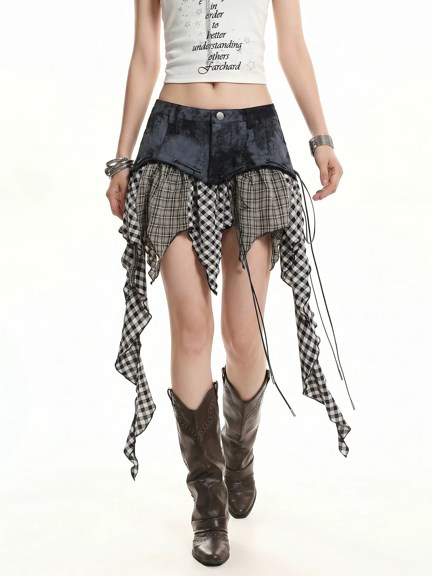 'Westwood' Asymmetrical Plaid Ribbon Patchwork Skirt