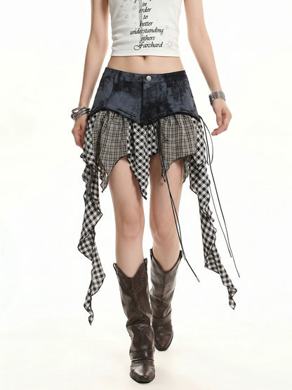 'Westwood' Asymmetrical Plaid Ribbon Patchwork Skirt