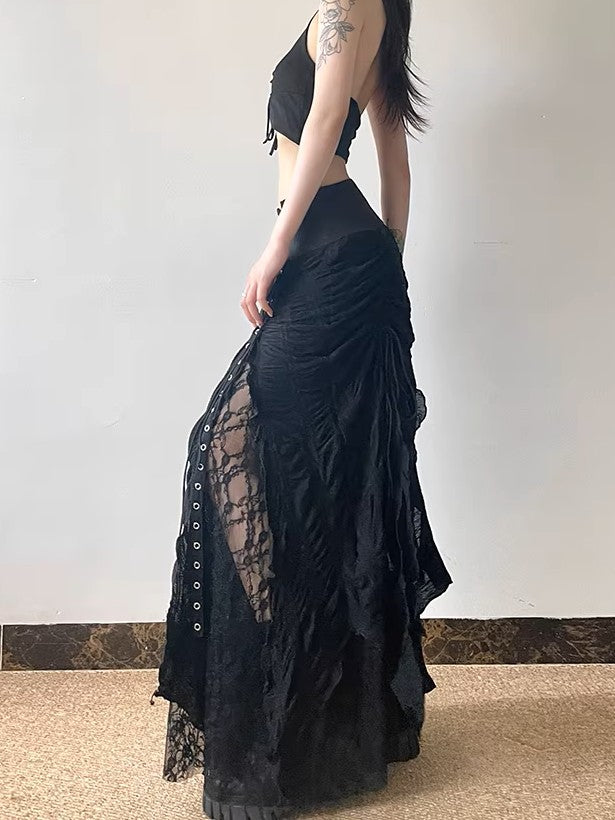 'Whisper' Lace & Mesh Panel High-Waist Midi Skirt AlielNosirrah