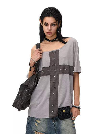 'Crossfire' Patchwork Cross Star Studded Off-Shoulder Top AlielNosirrah