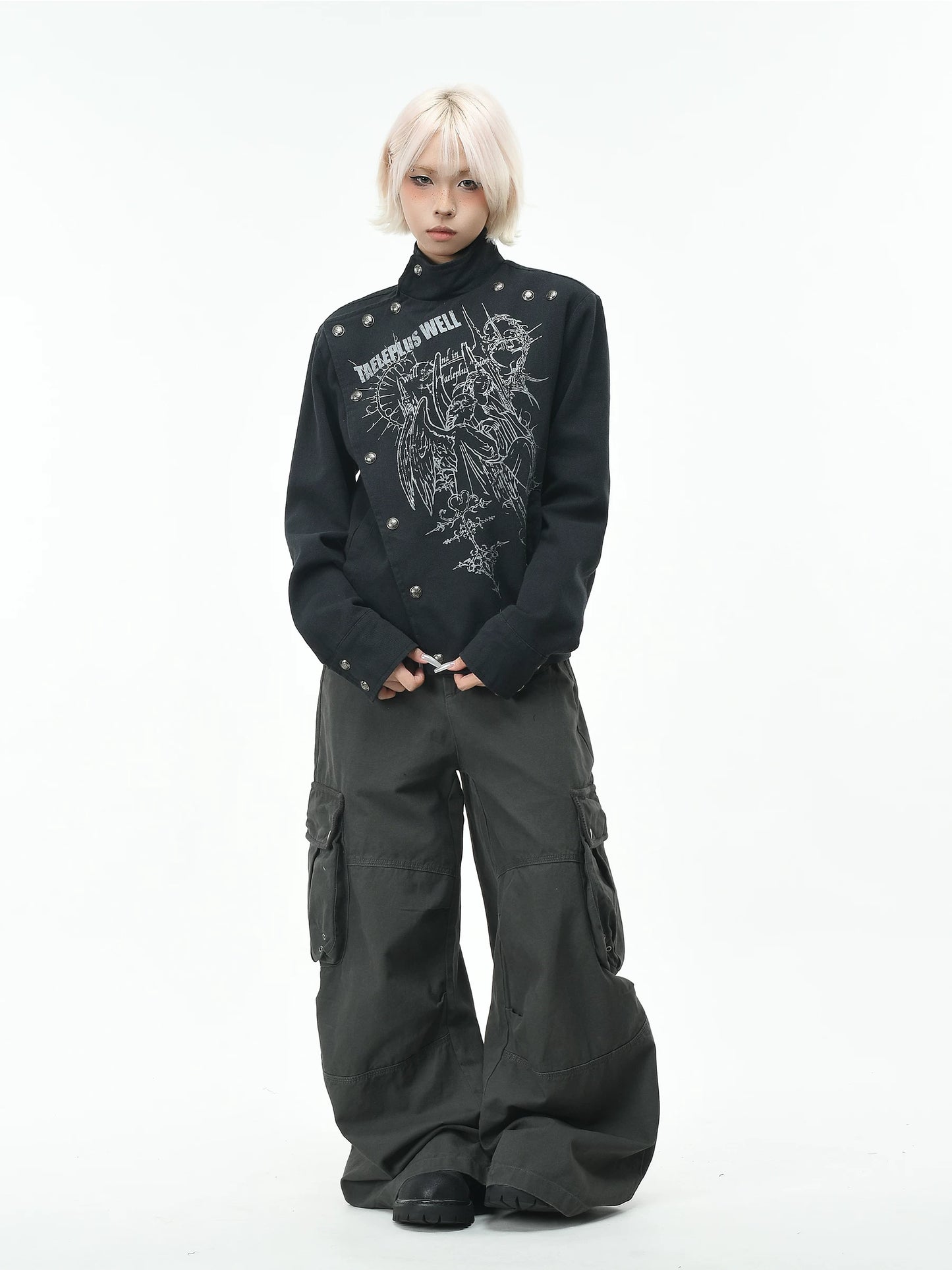 'Clasp Rock' Dark Rock Graphic Print Metal Buckle Cropped Jacket