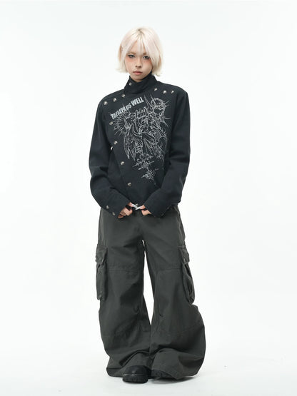 'Clasp Rock' Dark Rock Graphic Print Metal Buckle Cropped Jacket
