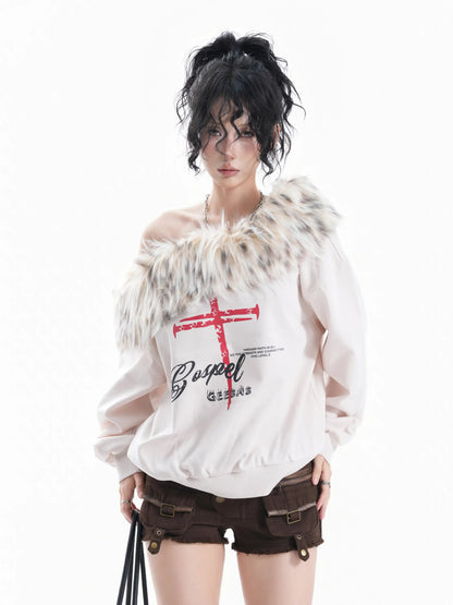 'Frost Kiss' Retro Glam Off-Shoulder Fur Trim Sweatshirt (Copy) AlielNosirrah