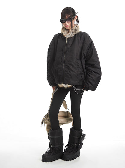 'Nightfall' Fur-Lined Black Aviator Puffer Jacket AlielNosirrah
