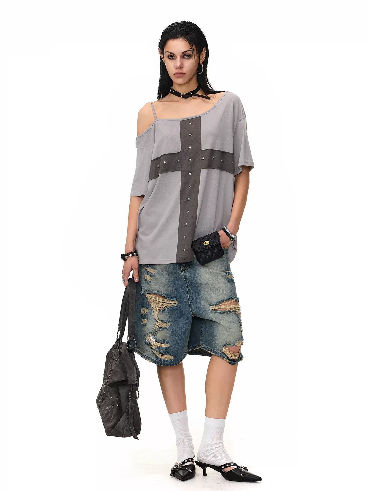 'Crossfire' Patchwork Cross Star Studded Off-Shoulder Top AlielNosirrah