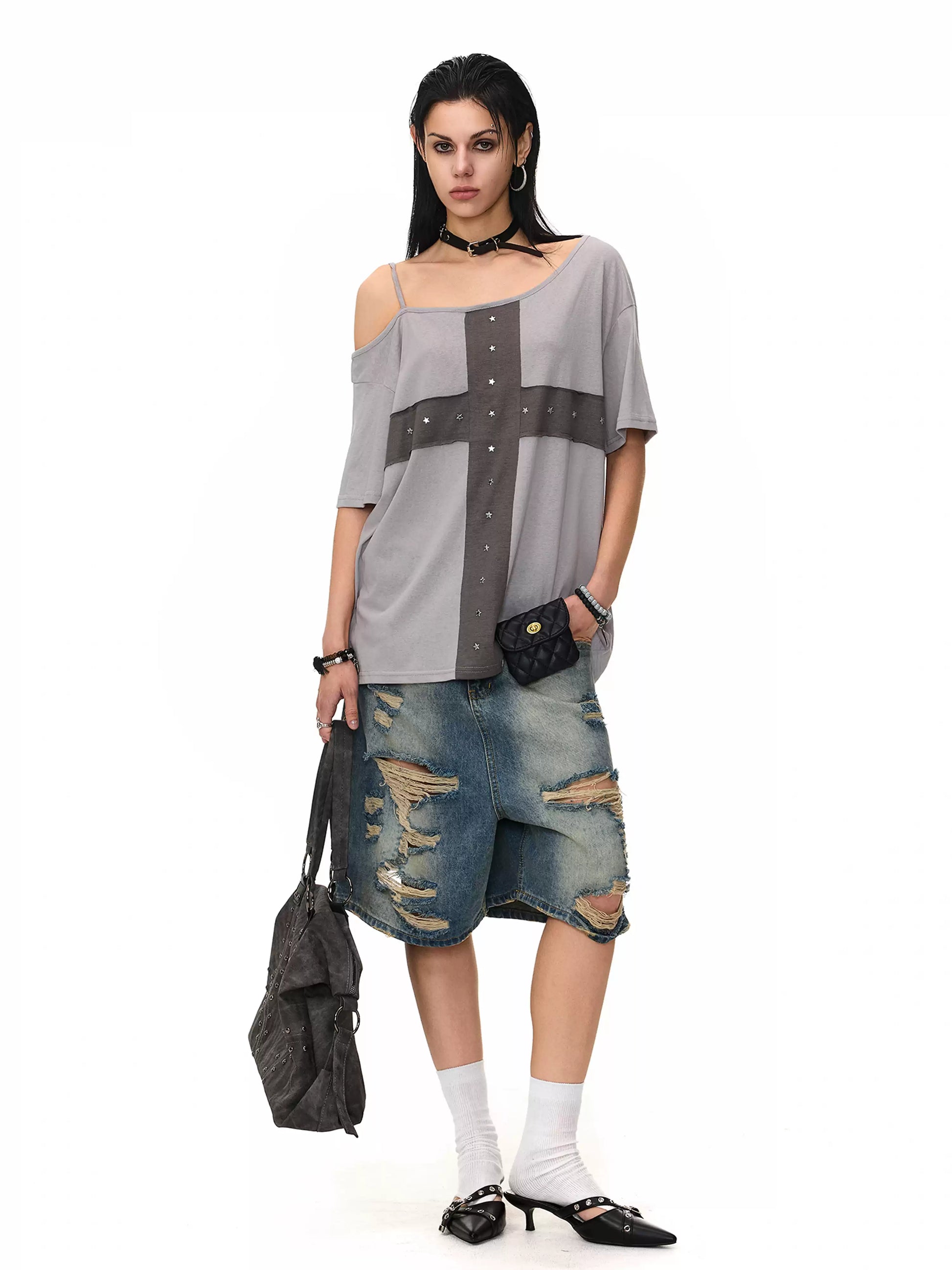'Crossfire' Patchwork Cross Star Studded Off-Shoulder Top AlielNosirrah