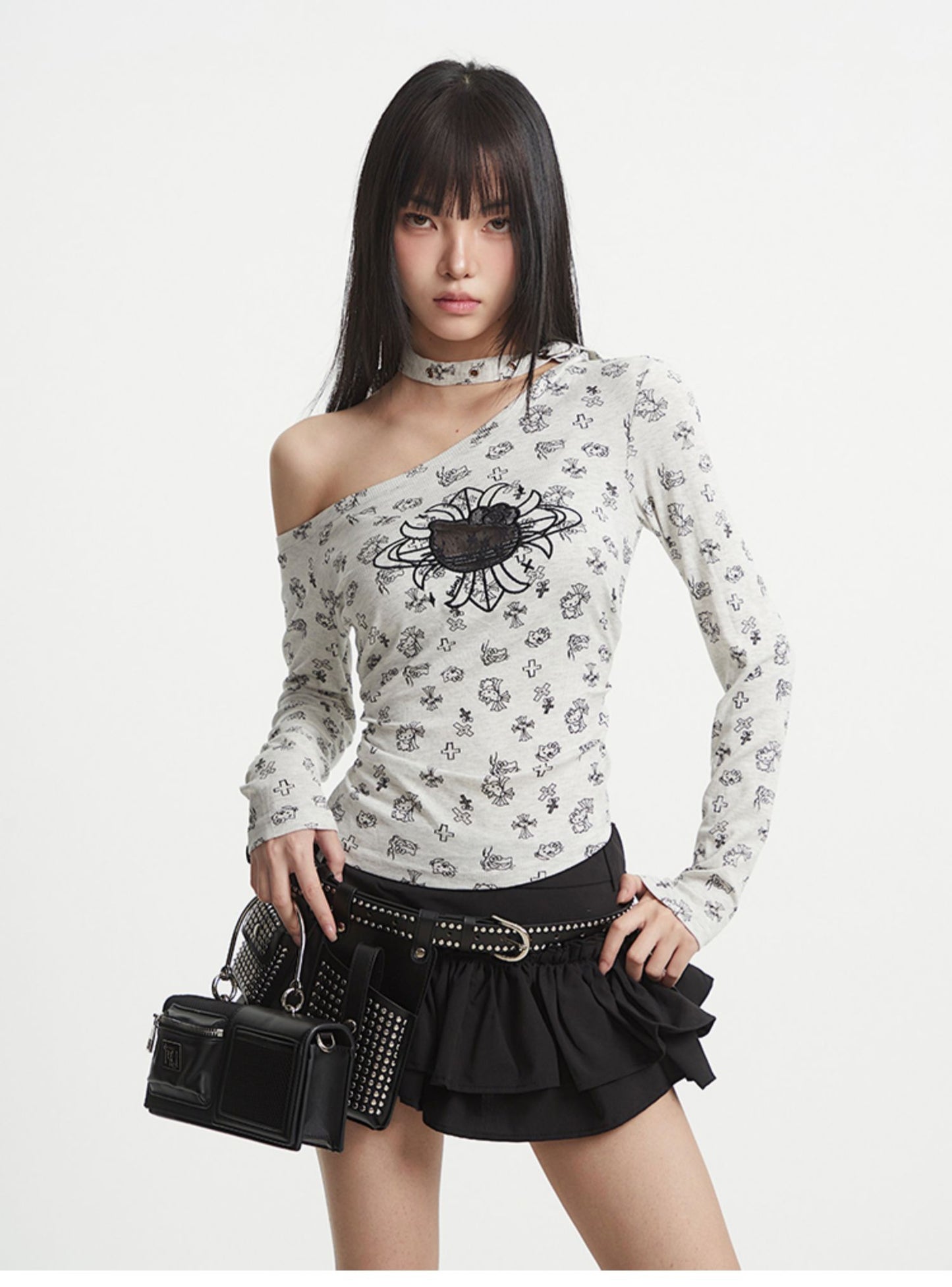 'Meow Babe' Y2K Off-Shoulder Embroidered Long Sleeve Tee (Copy) AlielNosirrah