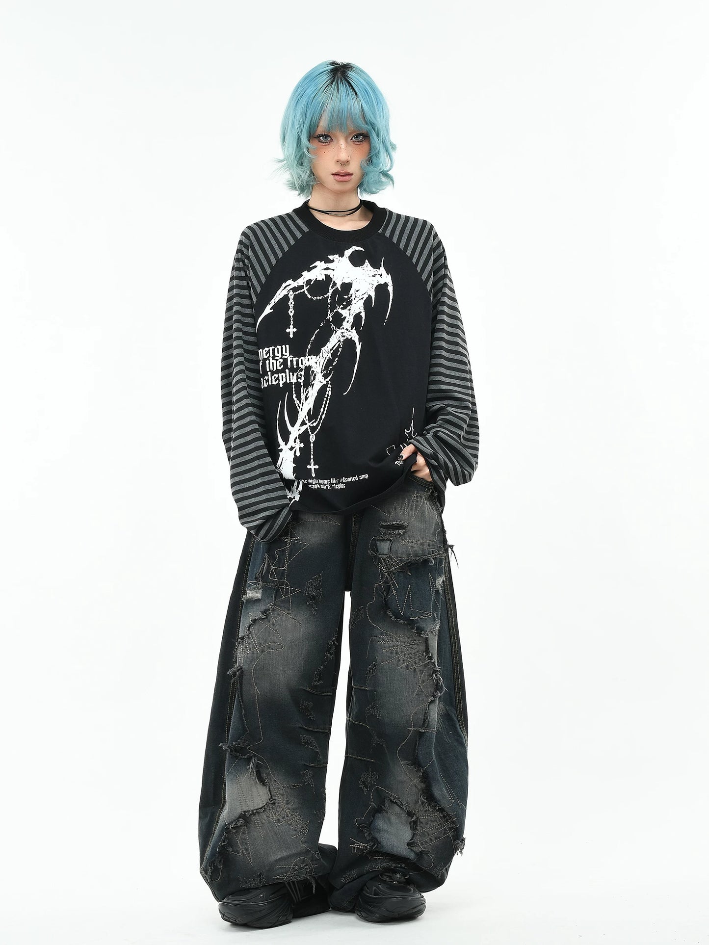 'GothWave' Gothic Striped Color Block Long Sleeve T-Shirt