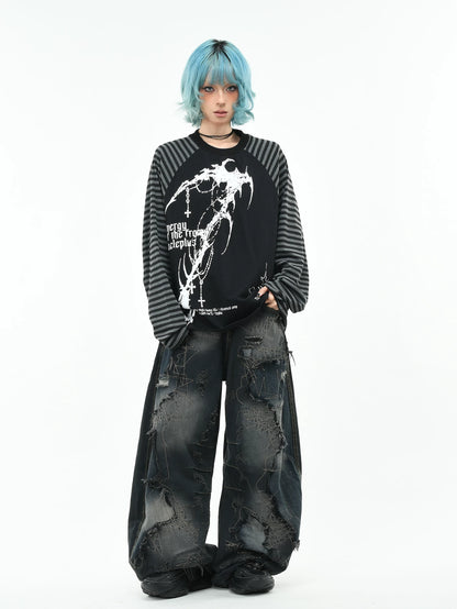 'GothWave' Gothic Striped Color Block Long Sleeve T-Shirt