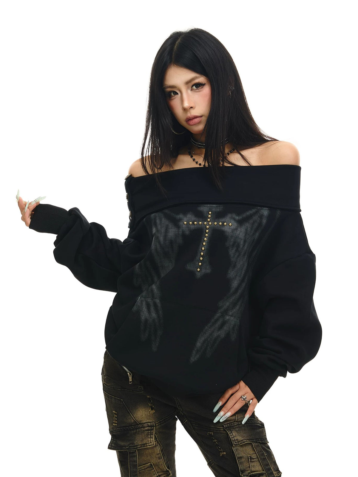 'Cross Lune' Retro Vintage Lapel Off Shoulder Top
