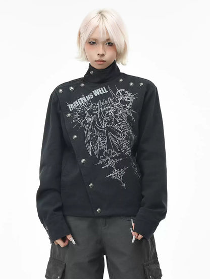 'Clasp Rock' Dark Rock Graphic Print Metal Buckle Cropped Jacket