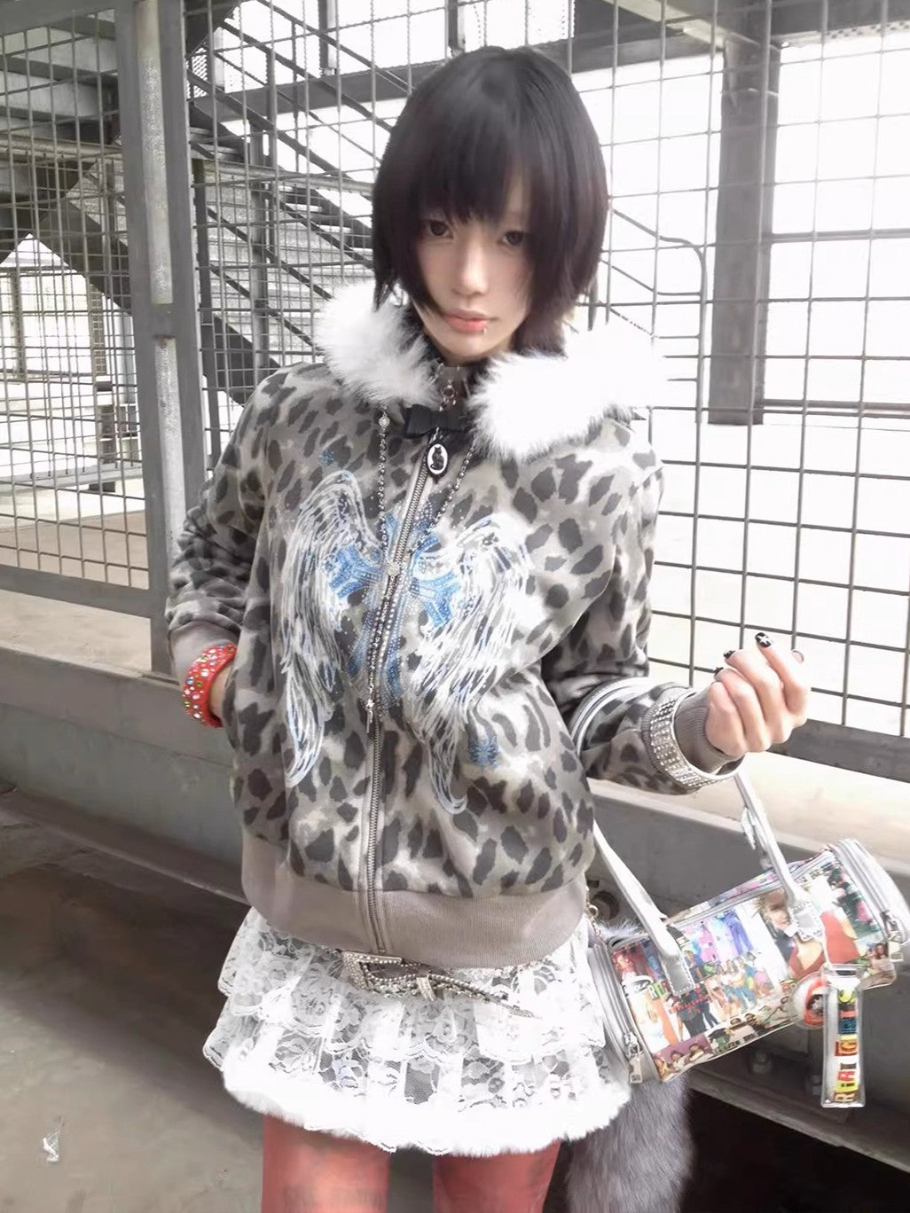 'Snow Angel' Detachable Fur Collar Leopard Print Zip-Up Hoodie (Copy) AlielNosirrah