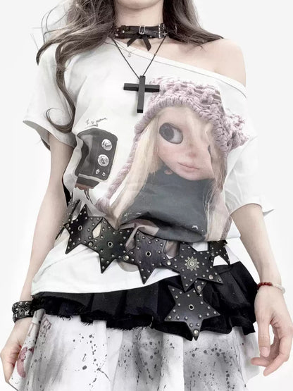 'Doll Pop' Retro Cartoon Print Y2K Asymmetrical Shoulder Tee AlielNosirrah