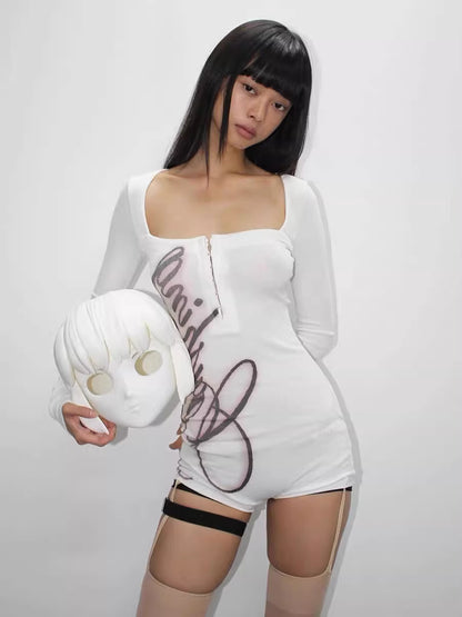 'LetterBabe' Letter Print Square Neck Long Sleeve Fitted Romper Top AlielNosirrah