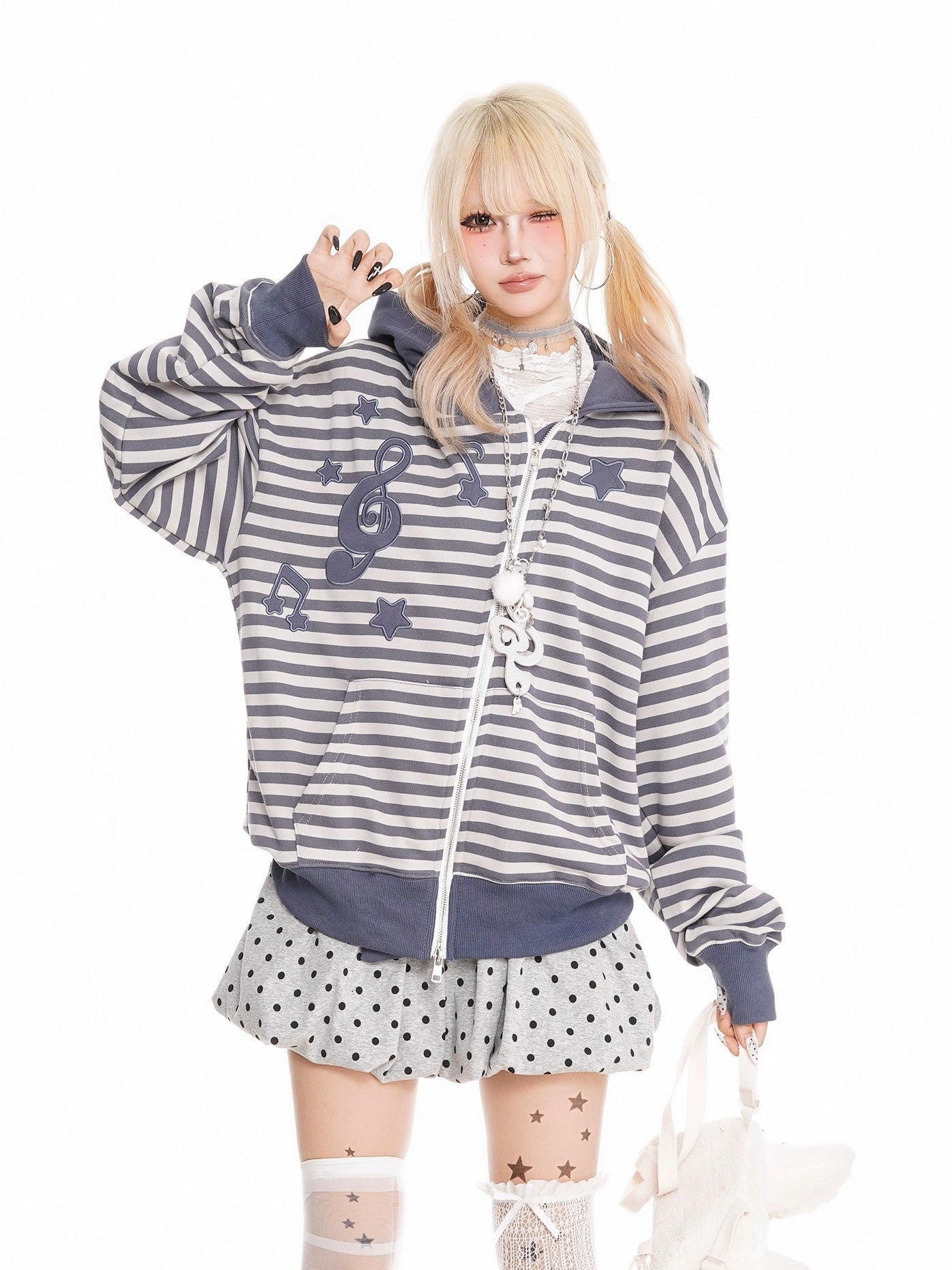 'Melody Stripes' Oversized Retro Y2K  Asymmetrical Zipper Striped Hoodie AlielNosirrah