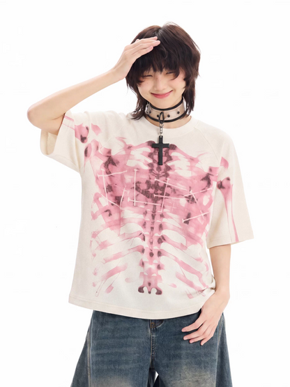 'BoneEcho' Gothic Skeleton Print Short Sleeve T-Shirt