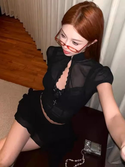 'Heatwave' Sexy Mesh Long-Sleeve Top & Mini Skirt Two-Piece Set AlielNosirrah