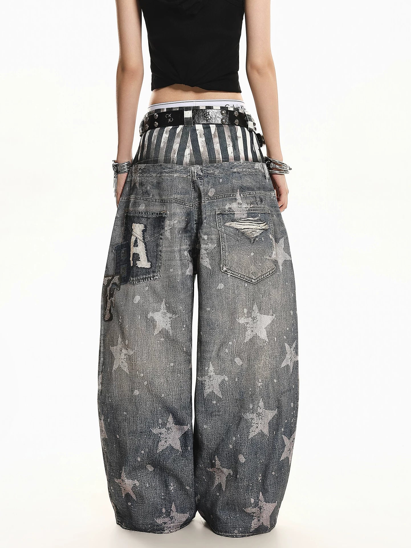 'Patchstar' Streetstyle Patchwork Graphic Wide-Leg Denim Jeans