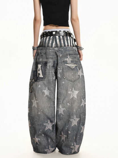 'Patchstar' Streetstyle Patchwork Graphic Wide-Leg Denim Jeans