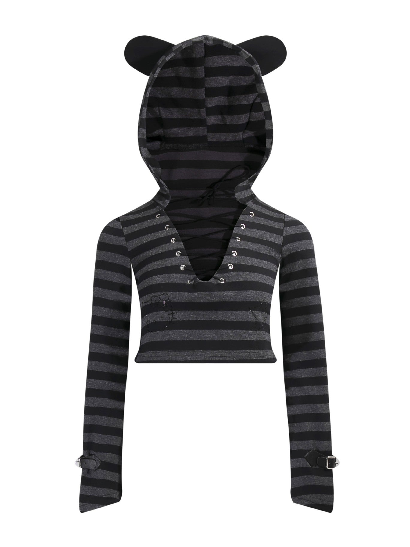 'Striped Cat' Lace-Up Cat Ear Hoodie & High-Waist Lace Layered Skirt Set AlielNosirrah