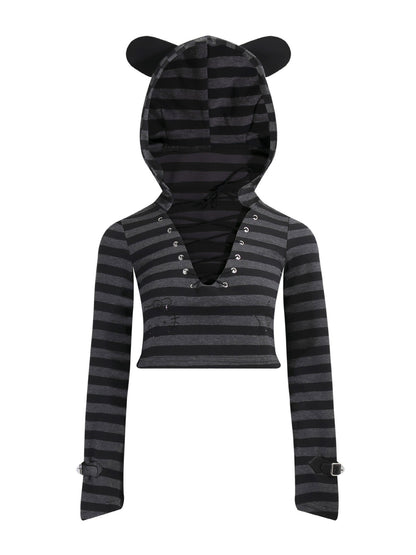 'Striped Cat' Lace-Up Cat Ear Hoodie & High-Waist Lace Layered Skirt Set AlielNosirrah