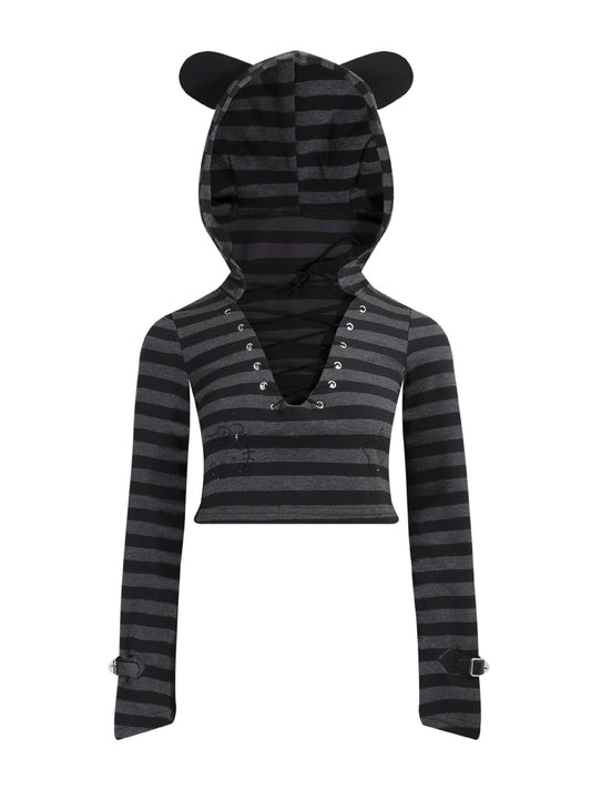 'Striped Cat' Lace-Up Cat Ear Hoodie & High-Waist Lace Layered Skirt Set AlielNosirrah