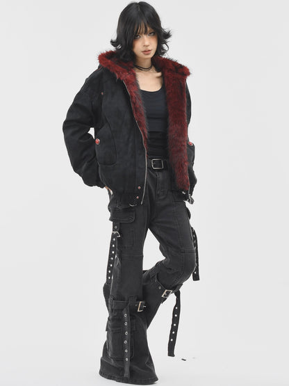 'Frosted Vixen' Double Zippers Faux Fur Collar Cropped Jacket (Copy) AlielNosirrah