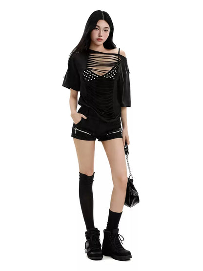 'Black Static' Black Cut-Out Off-Shoulder T-Shirt AlielNosirrah