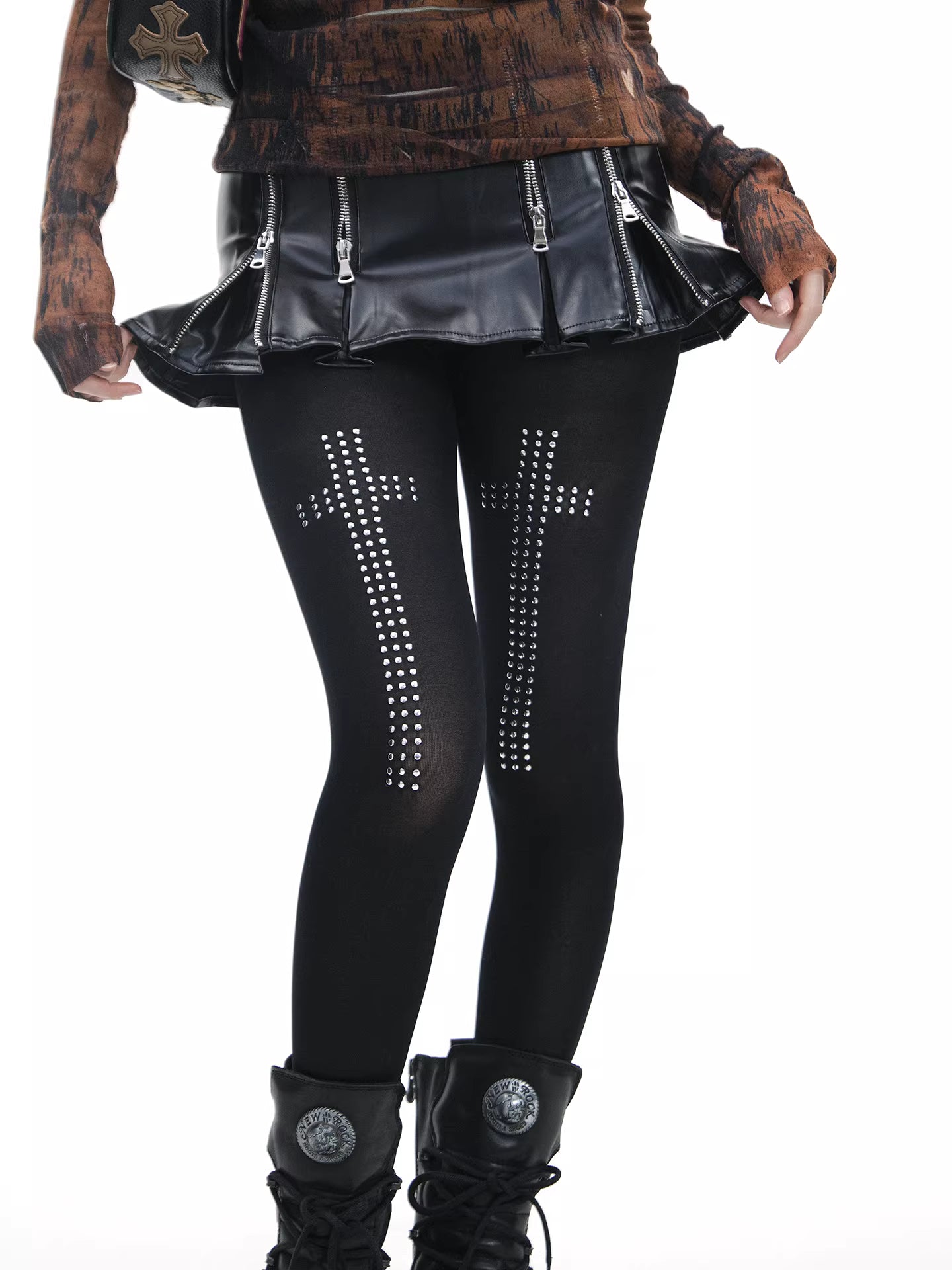 'Riotcross' Dark Punk Cross Studded Rhinestone Tights AlielNosirrah