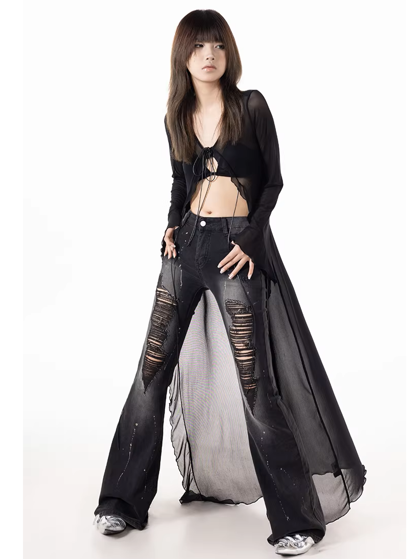 'Mistline' Tie-Up Sheer Mesh Longline Cardigan AlielNosirrah