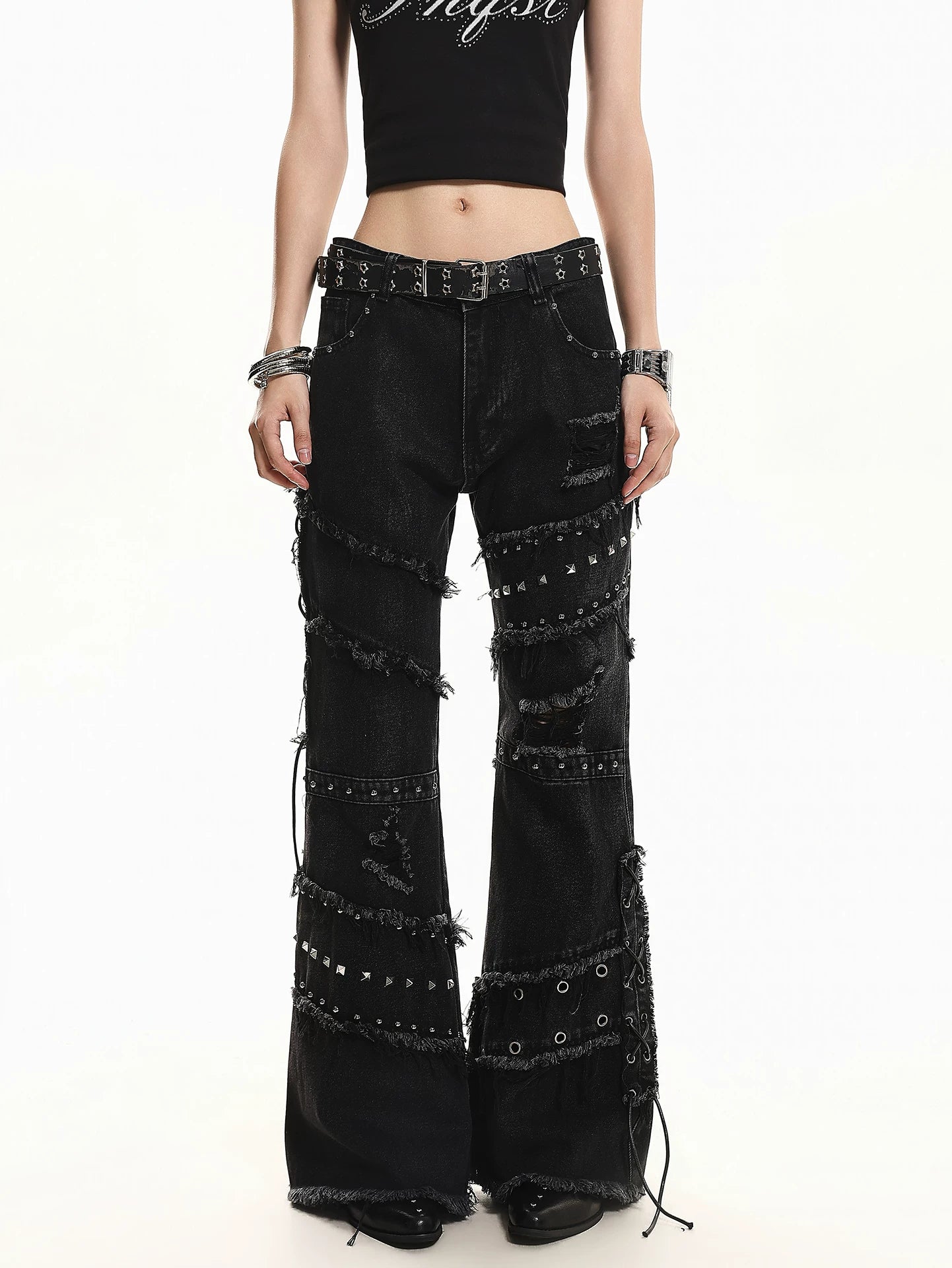 'OldSoul' Vintage Studded Distressed Frayed Flare Jeans