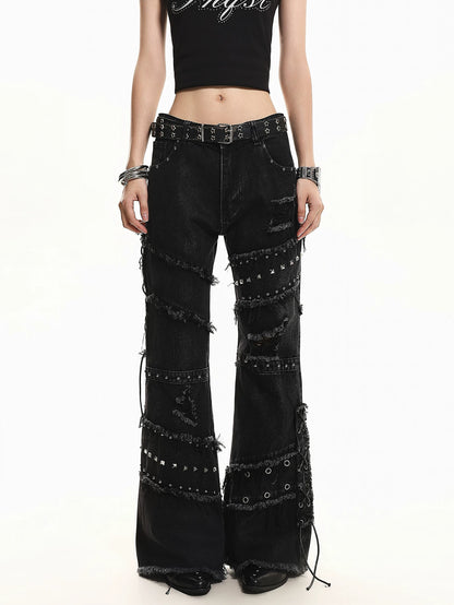 'OldSoul' Vintage Studded Distressed Frayed Flare Jeans
