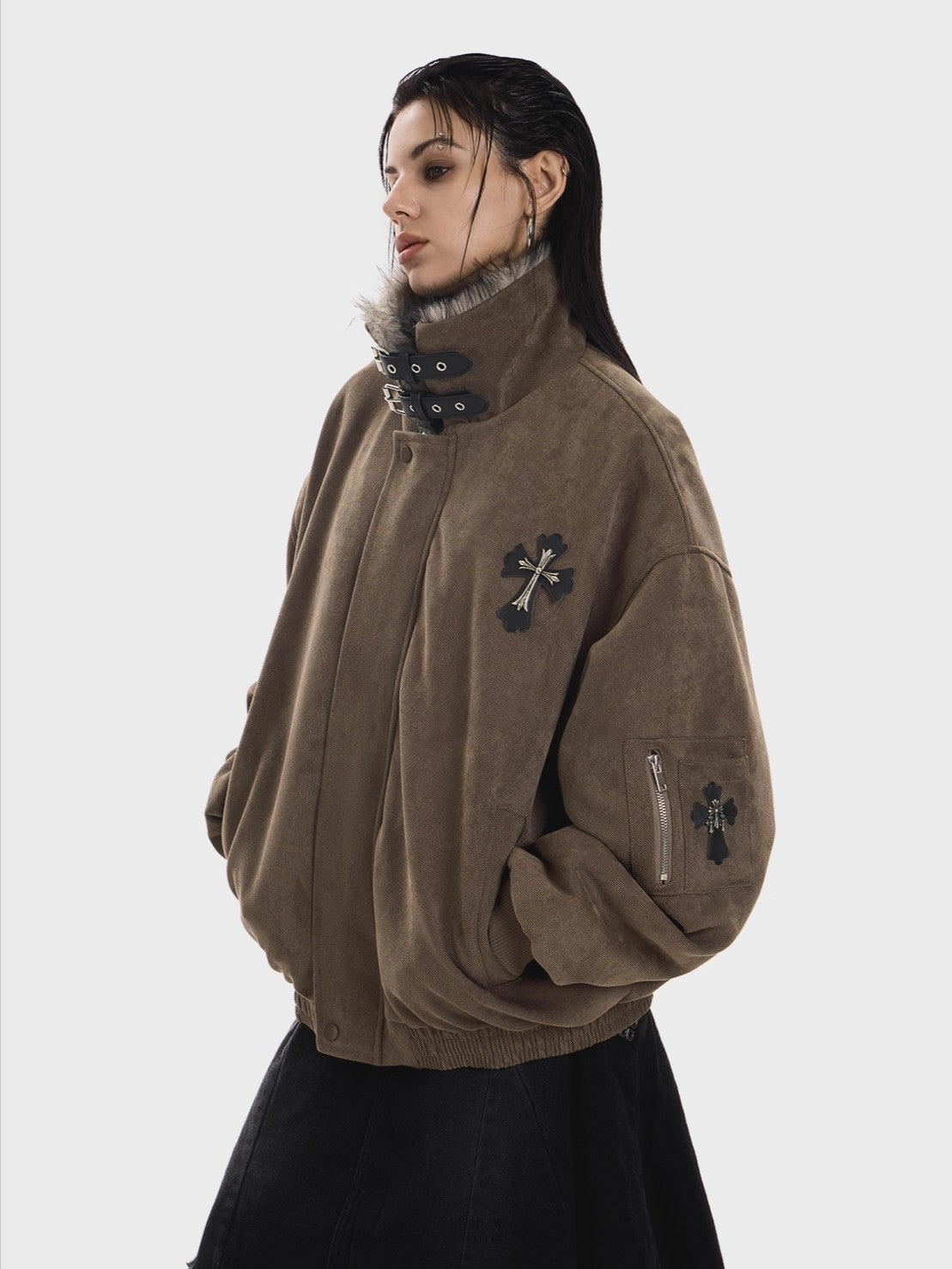 'Frosted Faith' Cross Print Fleece-Lined Thick Jacket AlielNosirrah